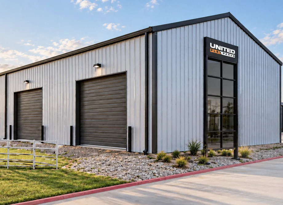 A United Flex building: roll-up doors and the United Flex Parks sign on the glass entry tower
